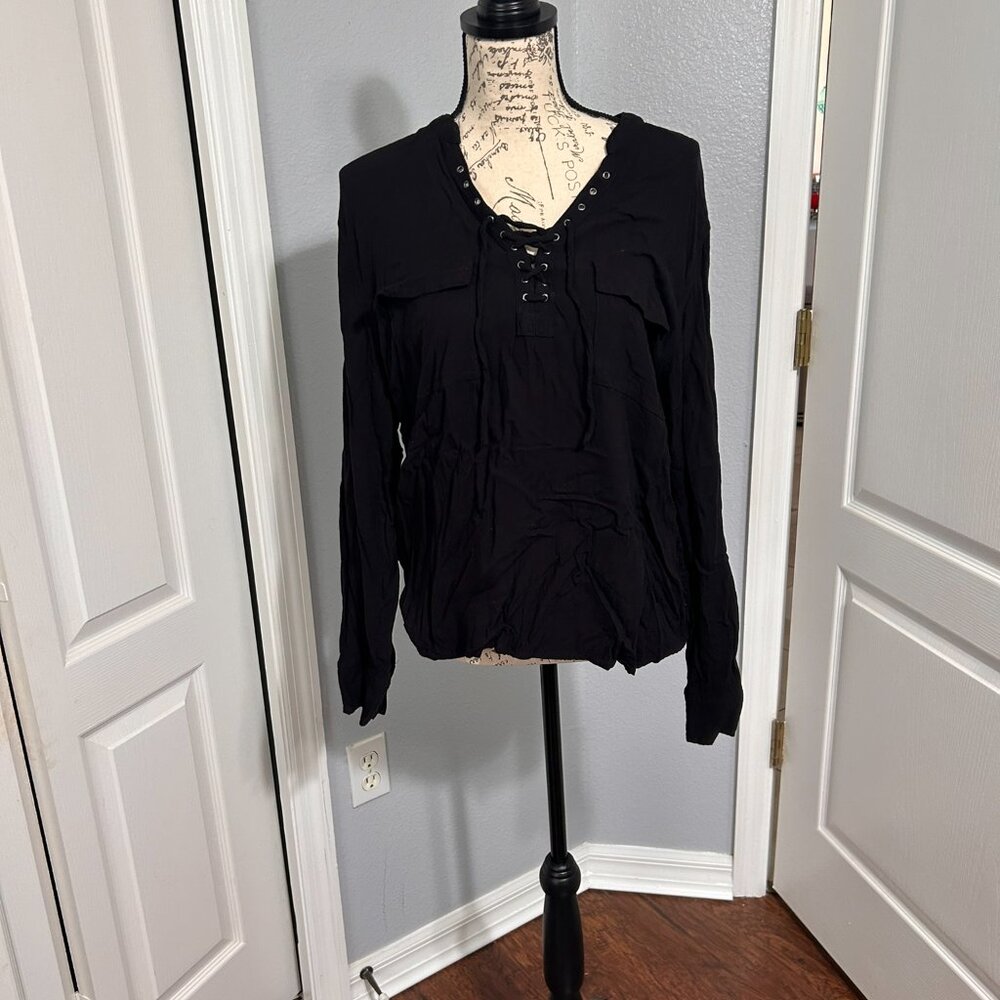 Rock & Republic Womens XL Black Lace Up High Low Tunic Blouse Long Sleeve